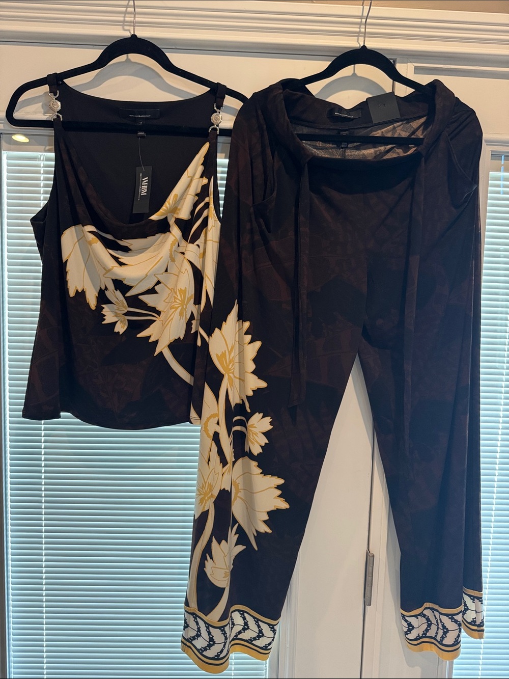 White House Black Market Black Top with Cream and Gold Floral Print